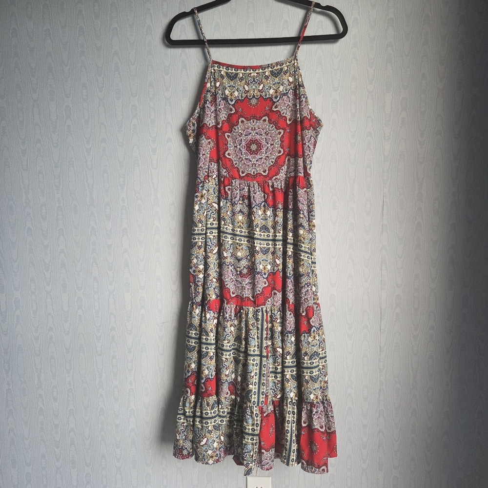 BOG Collective Tiered Smocked Paisley‎ Lace Up Spaghetti Strap Midi Dress L